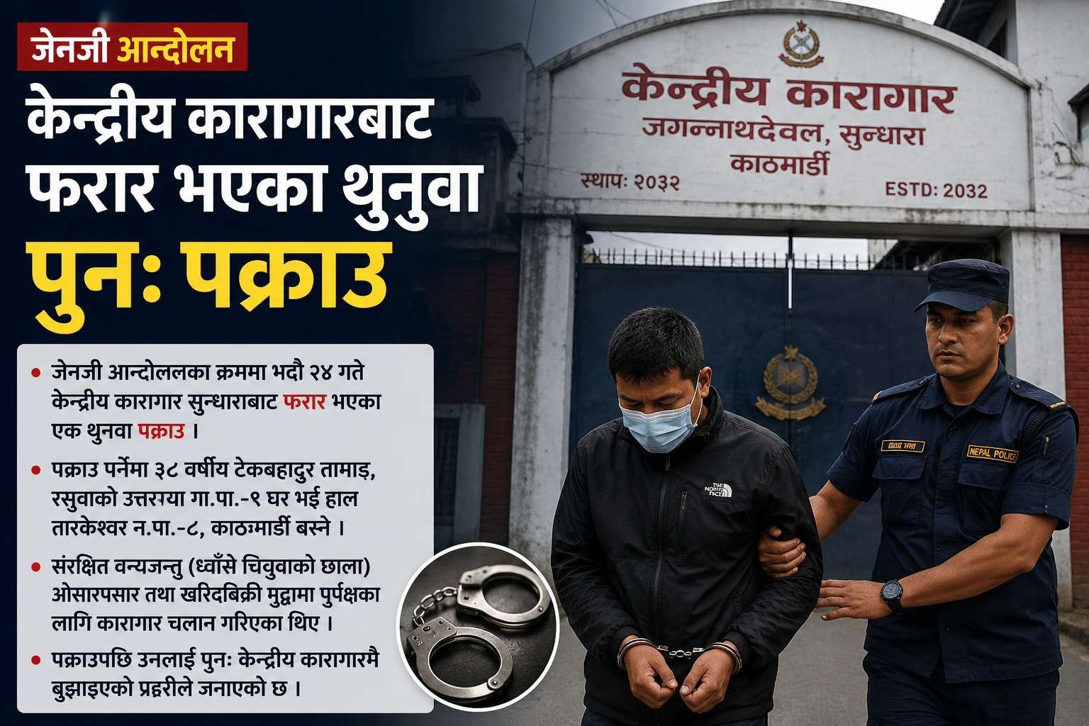 जेनजी आन्दोलनका क्रममा केन्द्रीय कारागारबाट फरार भएका थुनुवा पुनः पक्राउ